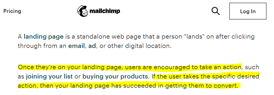 Mailchimp definition of landing pages for financial advisors