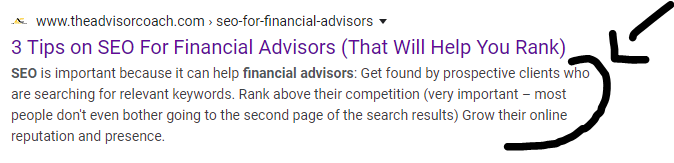 Example of a meta description, which can be used for financial advisor seo