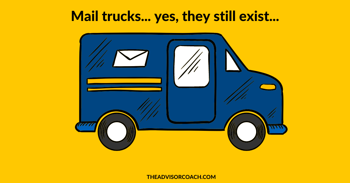 A mail truck, which can be used as a marketing tool for financial advisors