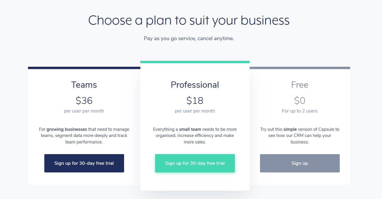 Pricing plans of the best CRM for financial advisors - capsule is the best CRM for financial services