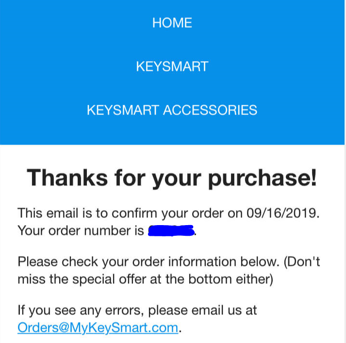 My KeySmart Pro order confirmation proving I'm qualified to do this KeySmart Pro review