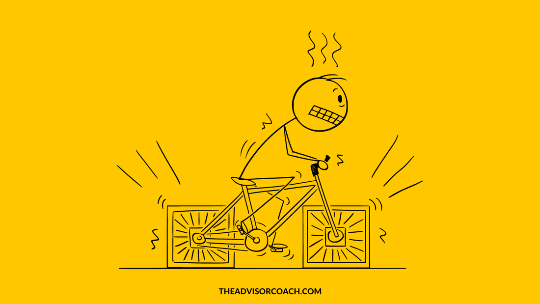 Man on bicycle with square wheels, showing how hard it is for financial advisors to build a brand