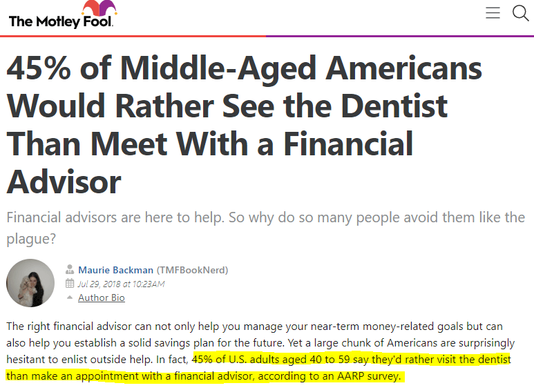 Some financial advisor objections are unspoken, such as this article about how 45% of middle-aged Americans would rather see the dentist than meet with a financial advisor