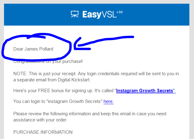 My welcome email from EasyVSL - I wanted to prove that I bought the software in this EasyVSL review
