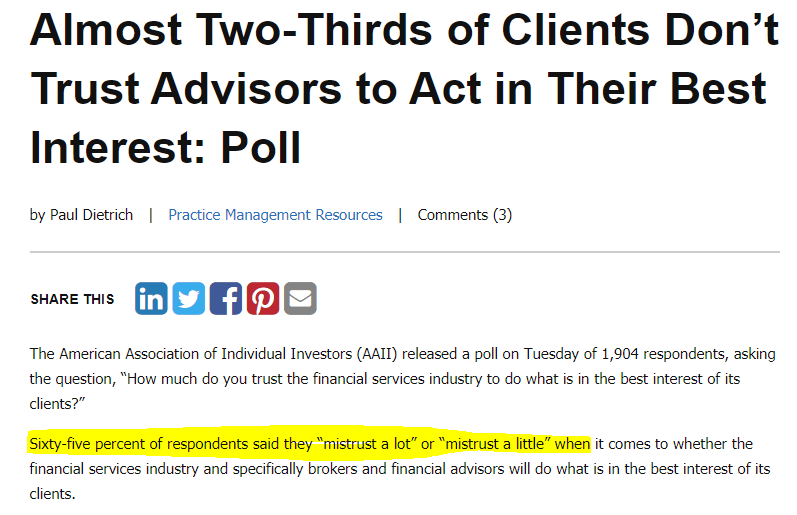 A study showing that clients don't trust advisors, making it difficult for financial advisors to make a good first impression.