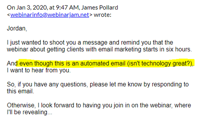 Example of my email to a financial advisor who registered to my webinar