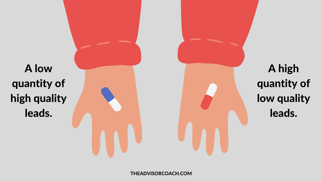 Two hands with a red pill and blue pill, representing the choice financial advisors make with their landing pages