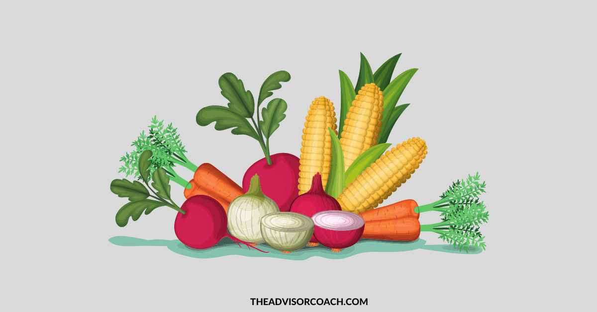 An array of vegetables - because eating a healthy diet is a great way to avoid burnout as a financial advisor